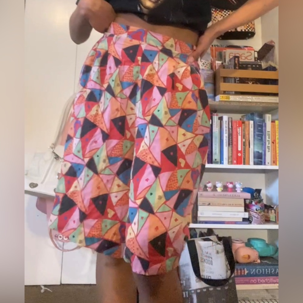 Shorts made out of a colorful midi skirt